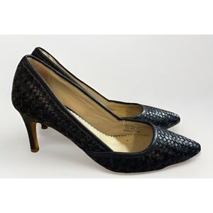 Boden Navy Blue Leather Basket Weave Slip On Pumps‎ Women's Size 7  3" Heel